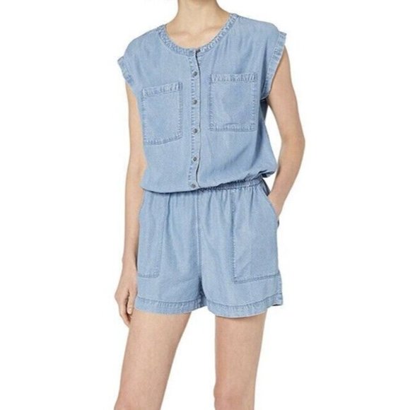 Daily Ritual Romper Blue Lyocell Chambray Button Down Pockets - Picture 1 of 10